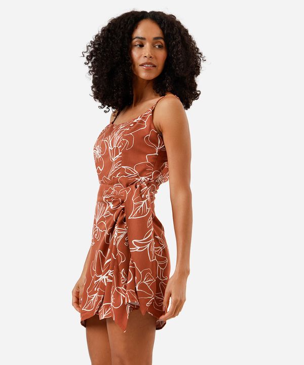 vestido curto alça fina feminino de viscose com amarração floral marrom M