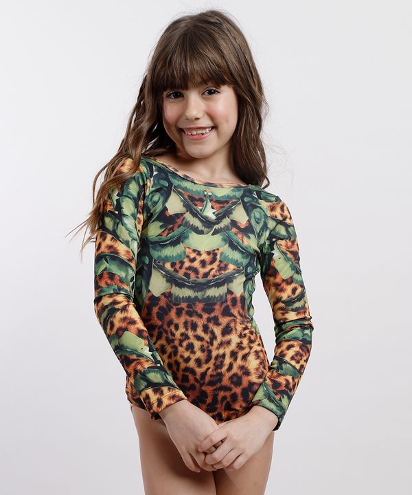 Maiô Body Infantil Água de Coco Estampado Bananeira Animal Print Onça Manga Longa com Proteção UV50+ Caramelo 10