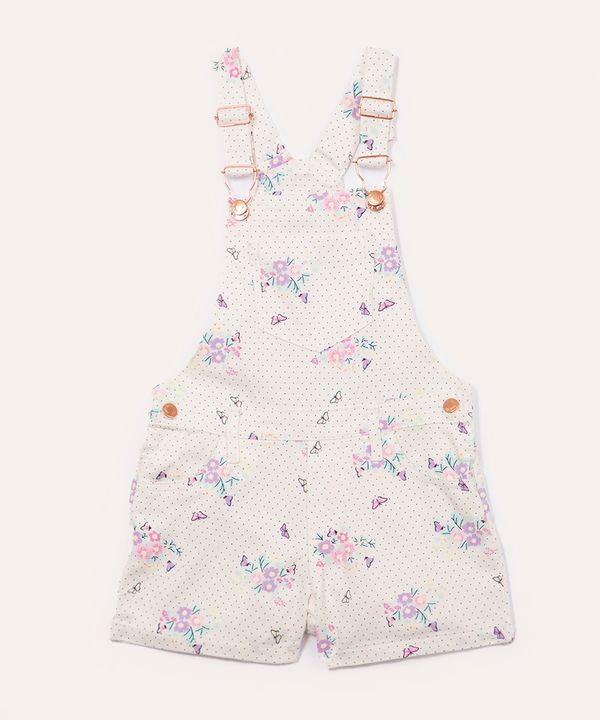 jardineira jeans infantil poá flores com bolsos off white 8