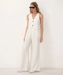 calça de viscose risca de giz cintura alta com bolsos off white 36