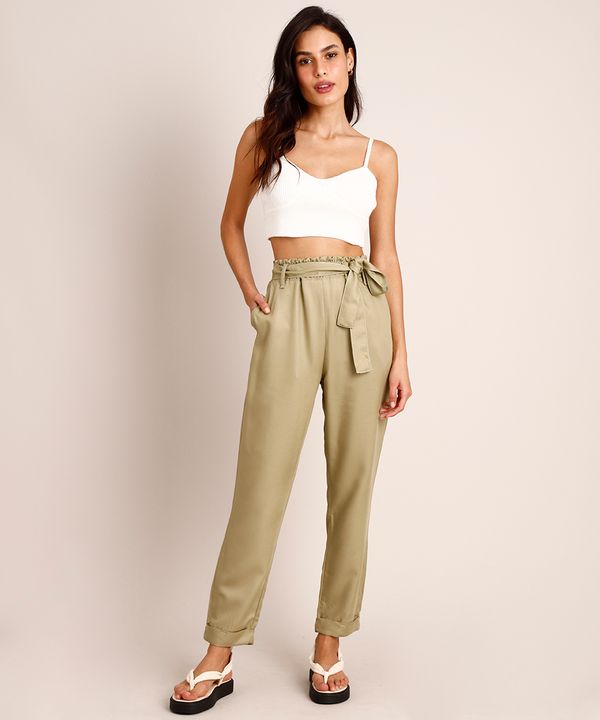 Calça Clochard de Viscose Cintura Super Alta com Faixa para Amarrar Verde 46