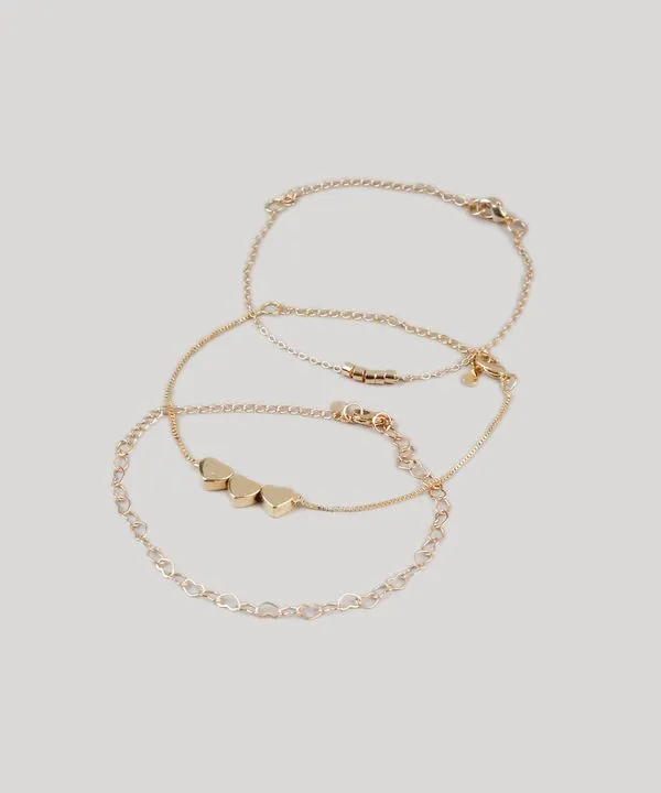 Kit de 3 Pulseiras Femininas com Corações Dourado Único