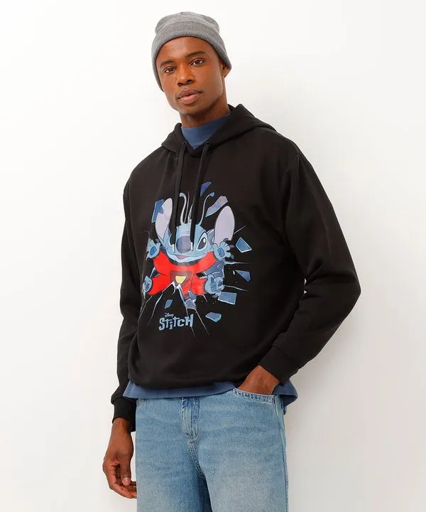 blusão de moletom com capuz stitch preto M