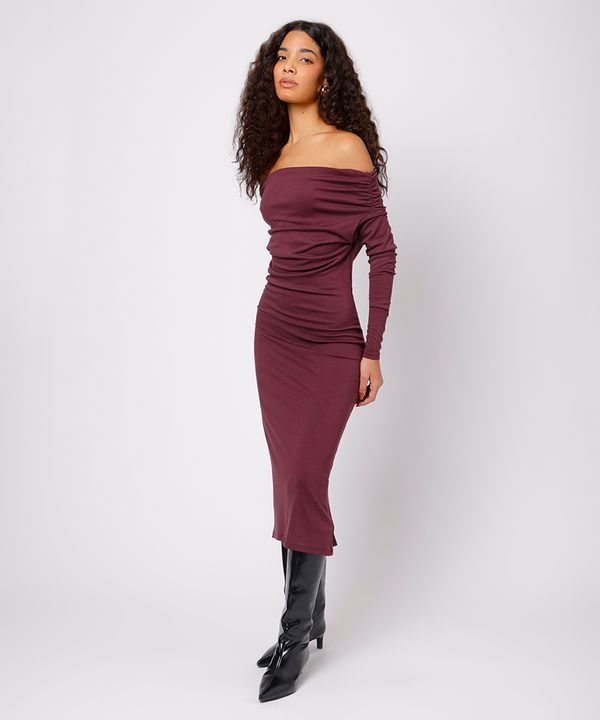 vestido ombro a ombro feminino franzido mindset vinho PP