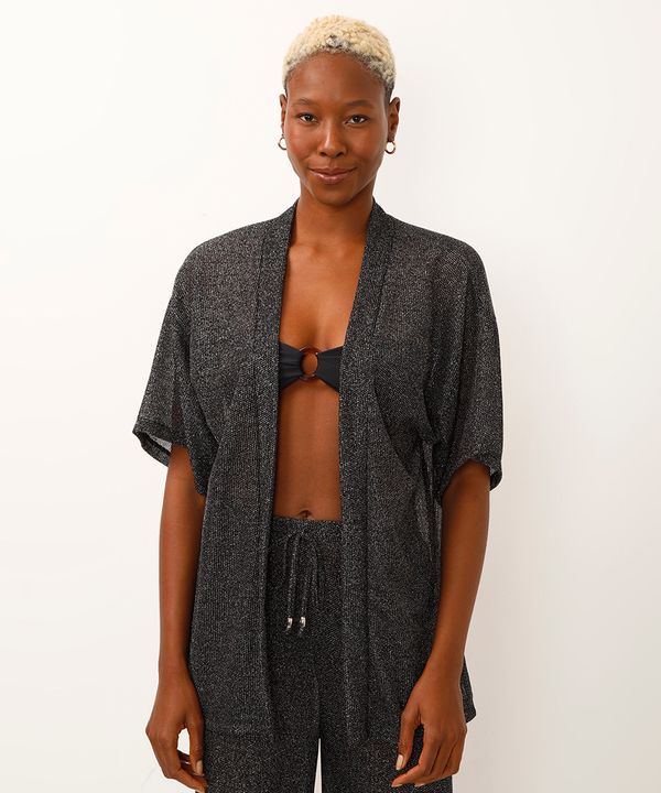 kimono saída de praia de tela com lurex preto UNICO