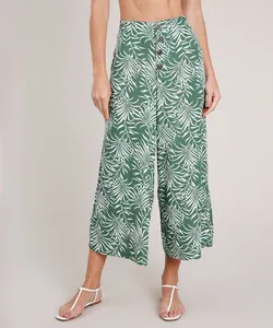 Calça Pantacourt Saída de Praia Estampada de Folhagem com Bolsos Verde G
