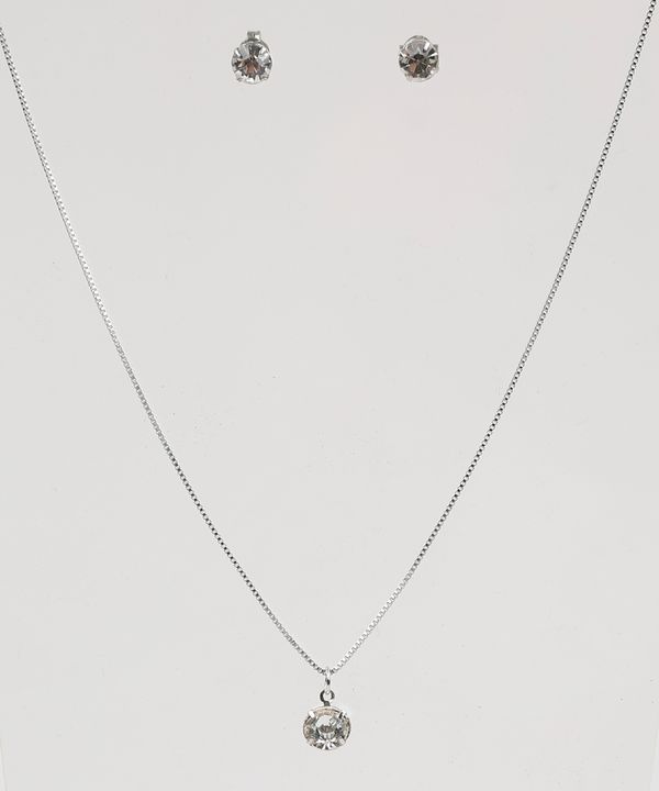 Kit de Brinco + Colar Feminino Folheados com Pedra Zircônia Prateado Único