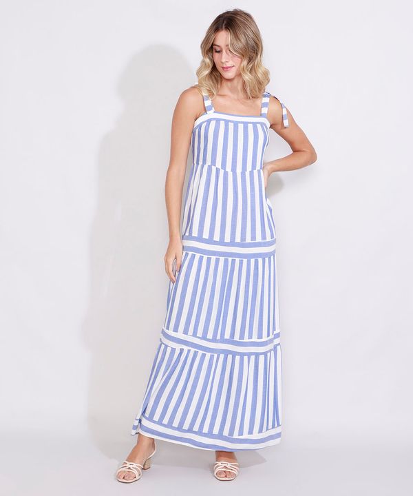 Vestido Feminino Longo Listrado Alça Média Decote Reto Azul G