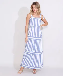 Vestido Feminino Longo Listrado Alça Média Decote Reto Azul M