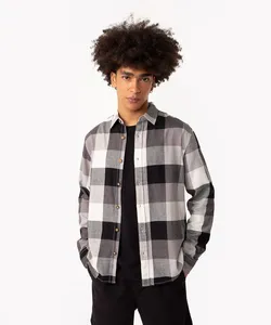 camisa de flanela xadrez manga longa cinza escuro GG