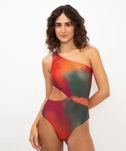 maiô ombro único cut out marmorizado proteção uv vermelho M