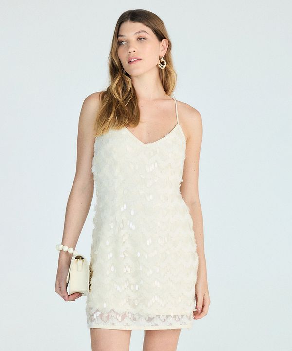 vestido curto alça fina feminino de paetê com babado bege PP