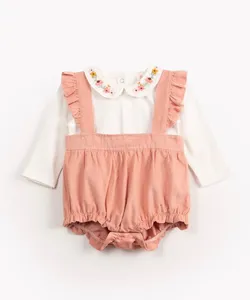 macacão infantil com blusa manga longa bordado floral rosa 6-9