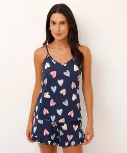 pijama malha de algodão corações alças finas azul G
