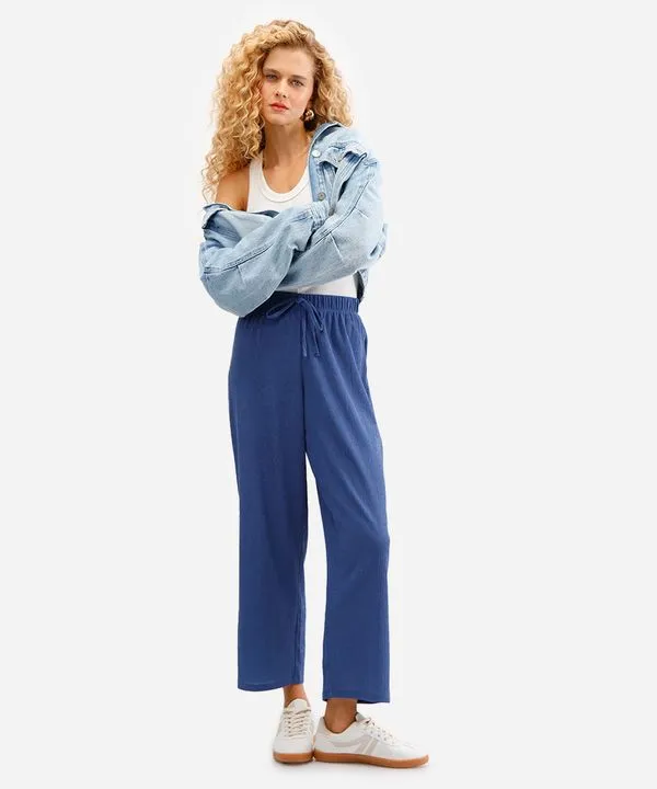 calça reta cós com elástico texturizada azul GG