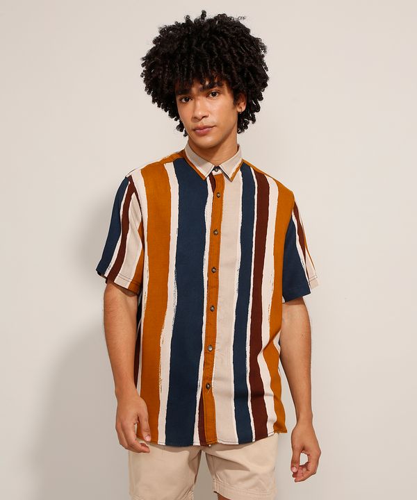 Camisa Relaxed com Linho Listrada Manga Curta Multicor M
