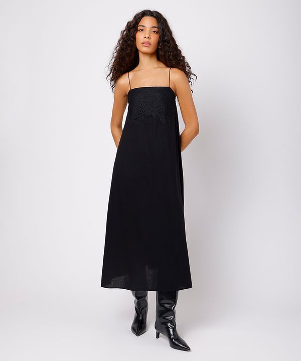 vestido midi slip dress com linho e renda mindset preto G