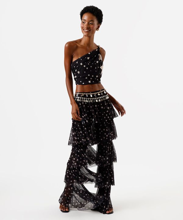 calça feminina de tule com babados estrelas preta M