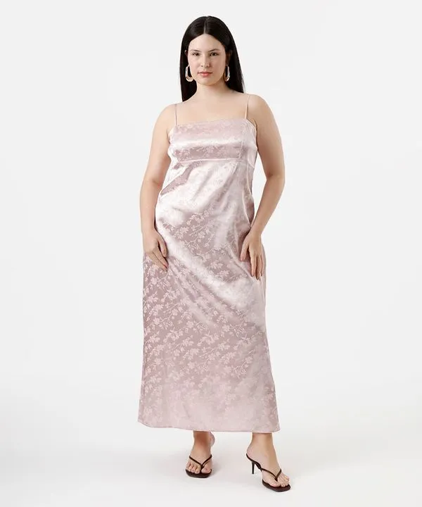 vestido midi plus size alça fina feminino floral acetinado rosa GG4