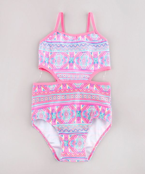 Maiô Infantil Estampado Étnico com Vazado Pink 8