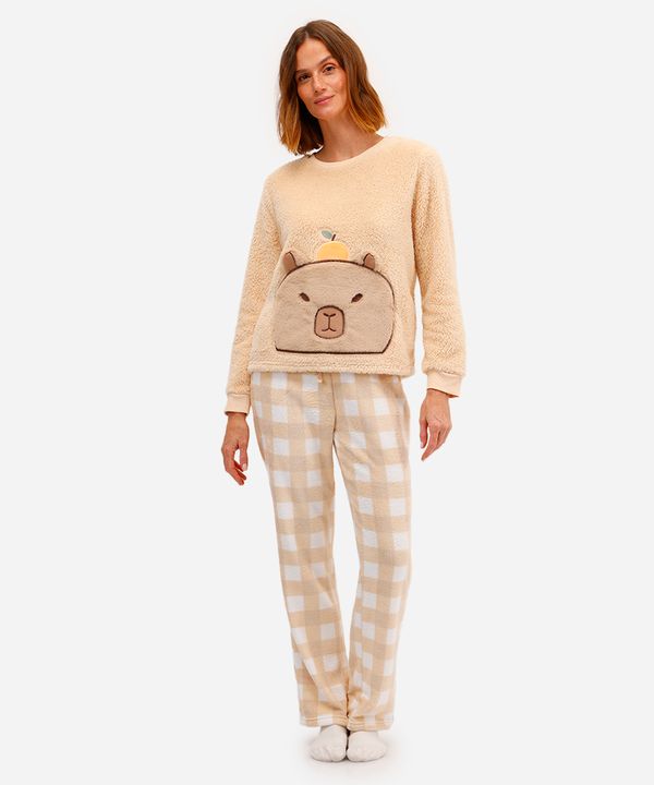 pijama longo feminino fleece capivara vichy bege GG