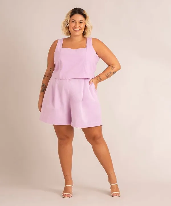 short plus size com pregas cintura alta lilás 52