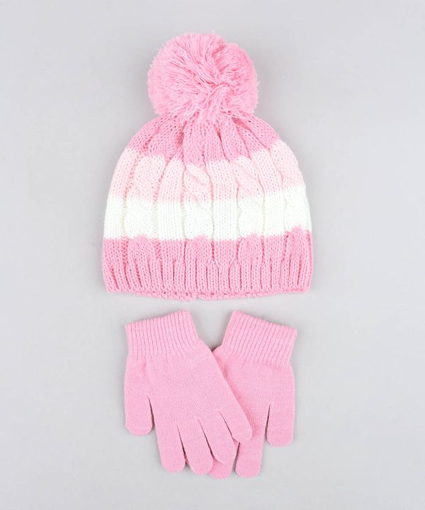Kit de Gorro Infantil Listrado com Pompom + Luva em Tricô Rosa Único
