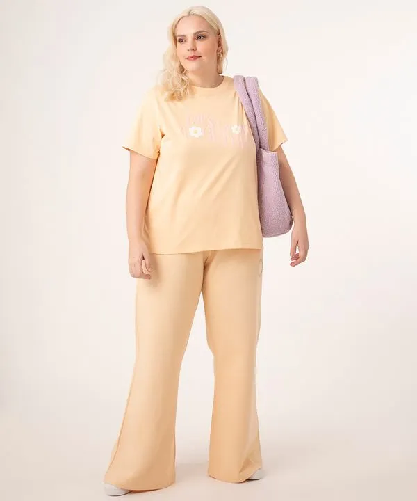 calça wide leg de moletom plus size bege GG2