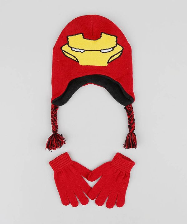 Kit de Gorro Infantil Homem de Ferro + Luvas em Tricô Vermelho Único