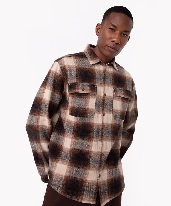 camisa overshirt xadrez com bolsos manga longa marrom G