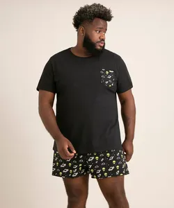 pijama plus size manga curta de algodão ets preto GG1