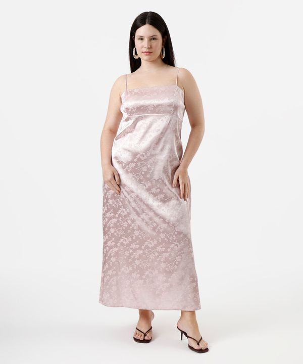 vestido midi plus size alça fina feminino floral acetinado rosa GG3