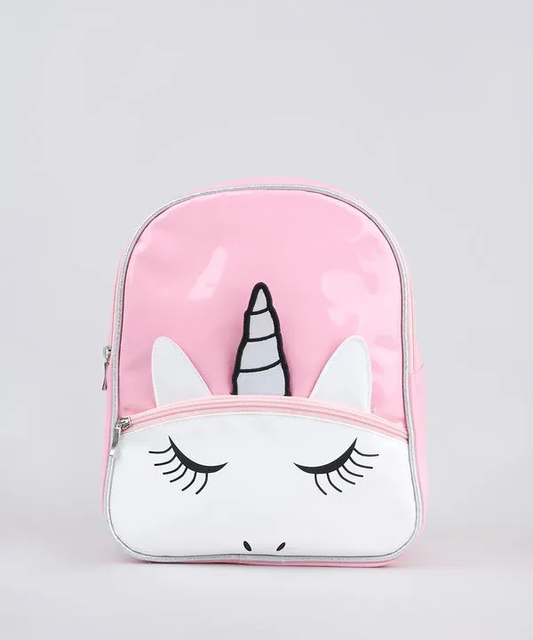 Mochila Infantil Unicórnio em Verniz com Bolso Rosa Único