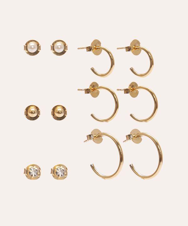 kit de 6 brincos com strass e pérola folheados dourados Único