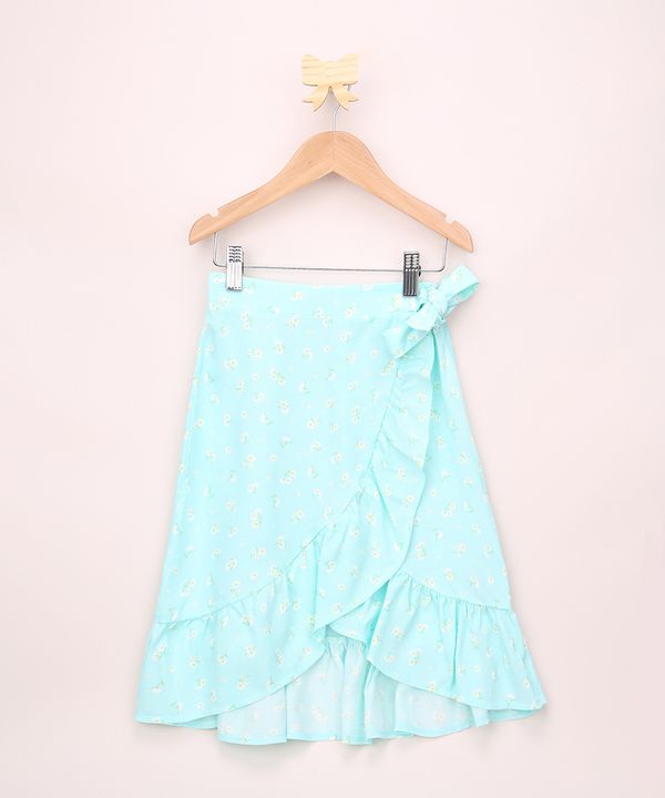Saia Jeans Infantil Midi Transpassada Estampada Floral com Babado e Laço Verde Água 6