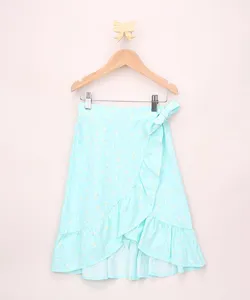 Saia Jeans Infantil Midi Transpassada Estampada Floral com Babado e Laço Verde Água 4