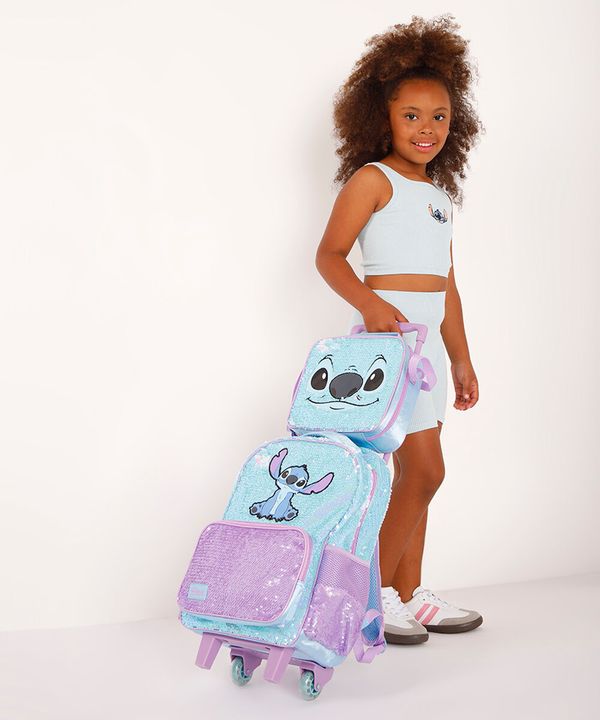 mochila infantil de paetês lilo e stitch azul UNICO