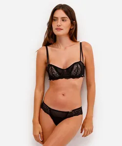 calcinha fio de renda e tule poá verde - preto M