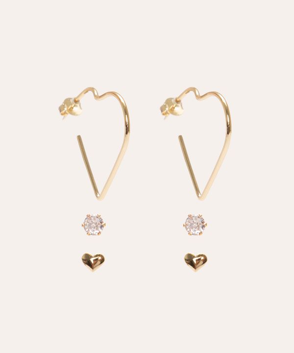 kit de 3 pares de brincos corações e strass dourado Único