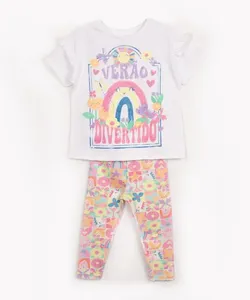 conjunto infantil de algodão manga curta e calça verão divertido off white 3