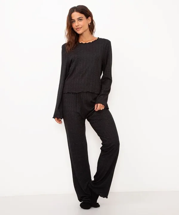 pijama de viscose canelada manga longa preto G