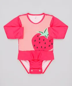 Maiô Body Infantil Morango Manga Longa com Proteção UV50+ Rosa Escuro 2