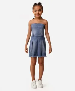 vestido evasê jeans com saia plissada juvenil azul 14