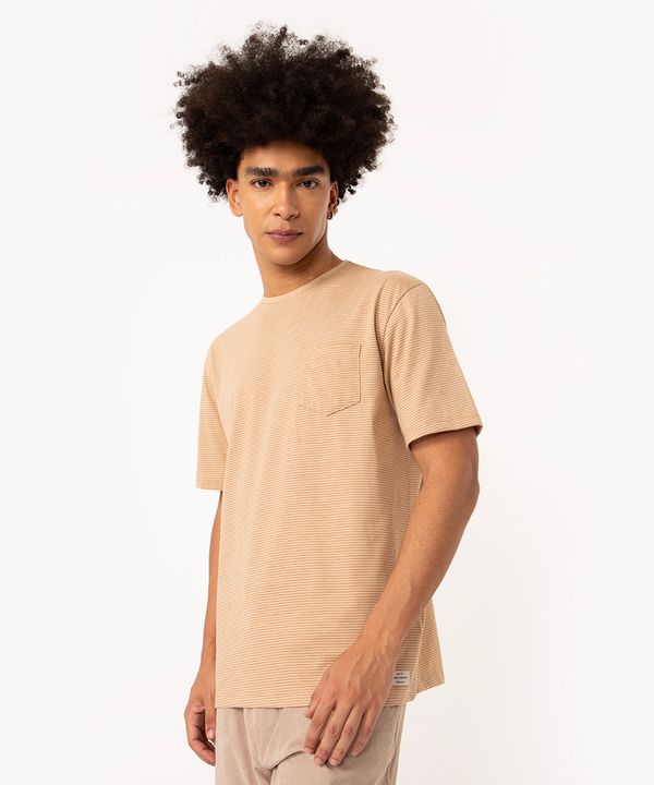 camiseta listrada com bolso manga curta bege PP