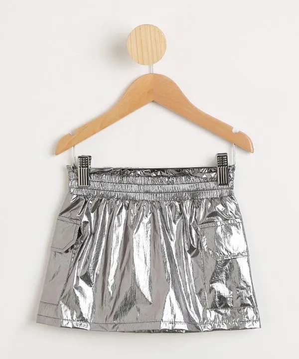 Saia Infantil Curta Metalizada com Bolsos Prateada 8