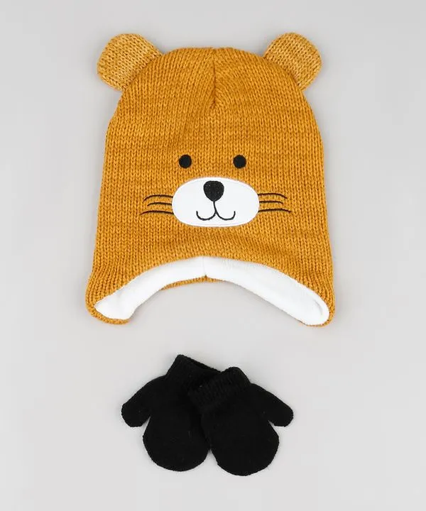 Kit Infantil de Gorro Ursinho com Bordado e Orelhas Caramelo + Luva em Tricô Preta Único