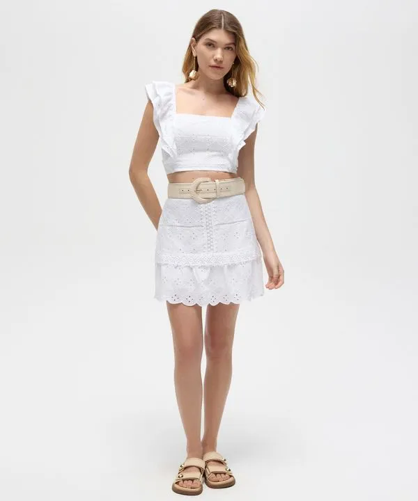 saia curta de laise com renda floral patbo off white 40