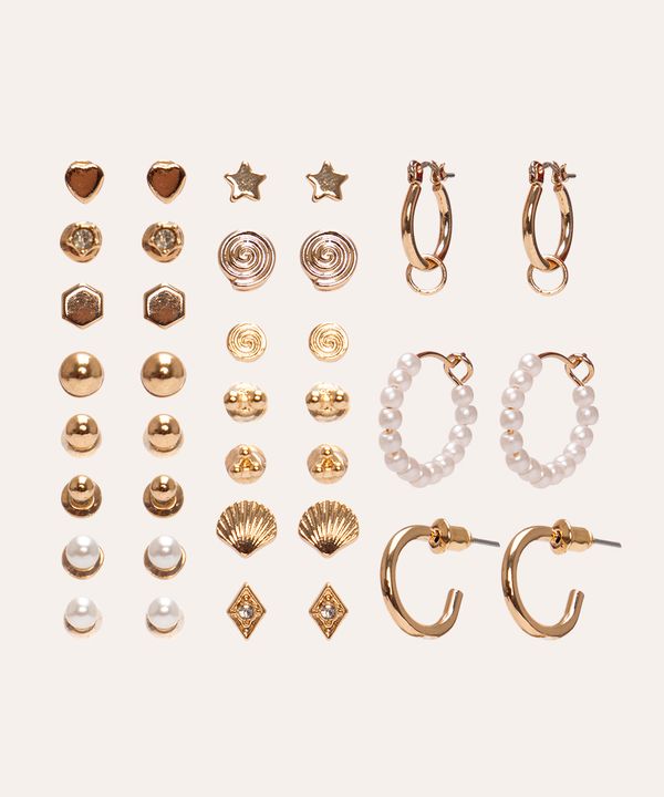 kit de 18 brincos mini argolas e flores dourado Único