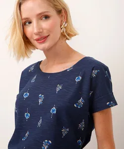 camiseta de algodão manga curta floral azul GG