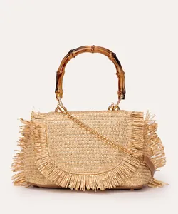bolsa crossbody palha e bambu metalizada bege claro Único